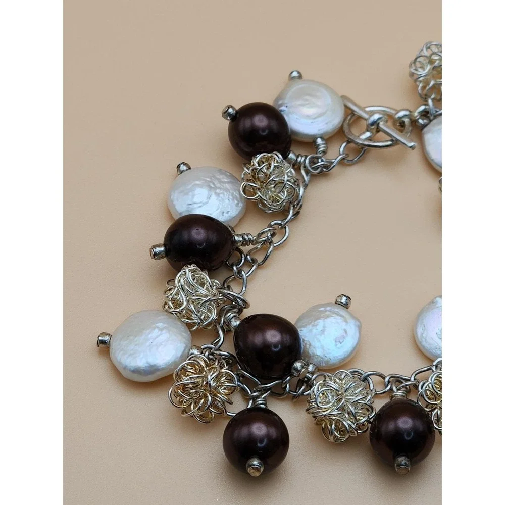 Vtg GENUINE Coin Pearl & Brown Glass Bead Bracelet Silver Wire Balls FREE $HIP!!